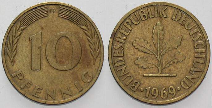 10 Pfennig 1969 J. 383 sehr schön