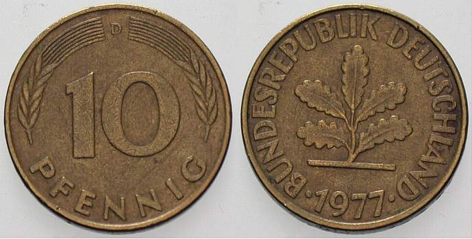 10 Pfennig 1977 J. 383 sehr schön