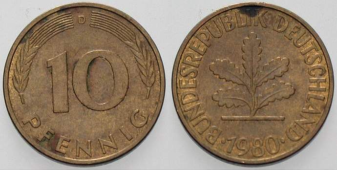 10 Pfennig 1980 J. 383 sehr schön