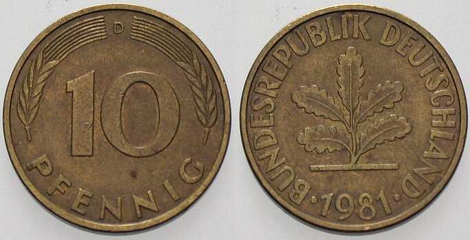10 Pfennig 1981 J. 383 sehr schön