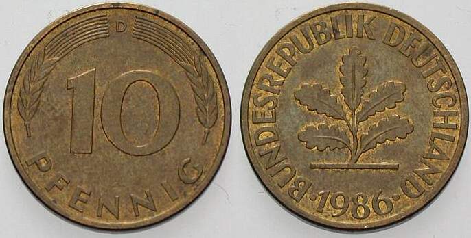 10 Pfennig 1986 J. 383 sehr schön