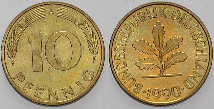 10 Pfennig 1990 J. 383 sehr schön