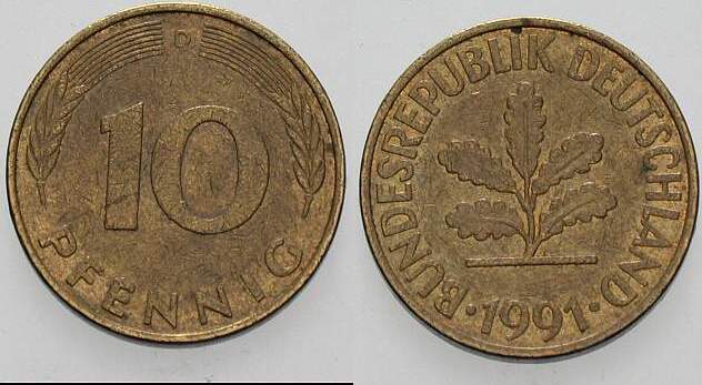 10 Pfennig 1991 J. 383 sehr schön