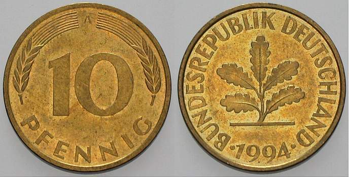 10 Pfennig 1994 J. 383 sehr schön