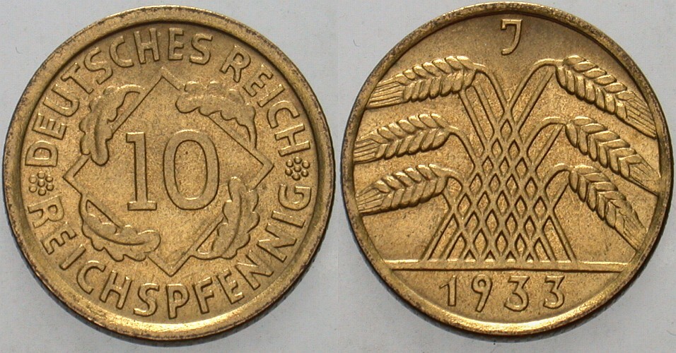 10 Reichspfennig 1933 J. 317 Vorzüglich - Stempelglanz