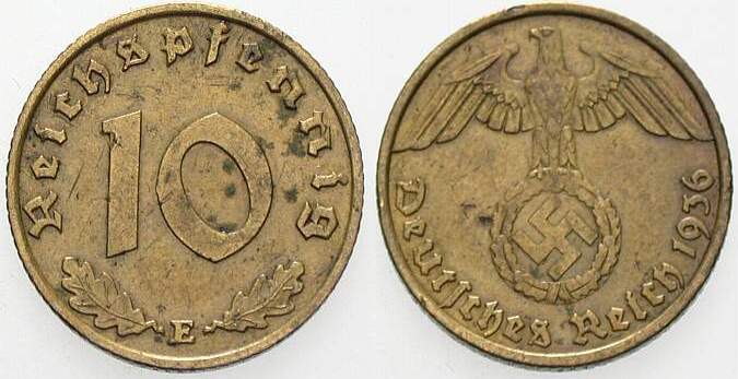 10 Reichspfennig 1936 J. 364 Etwas fleckig, sehr schön
