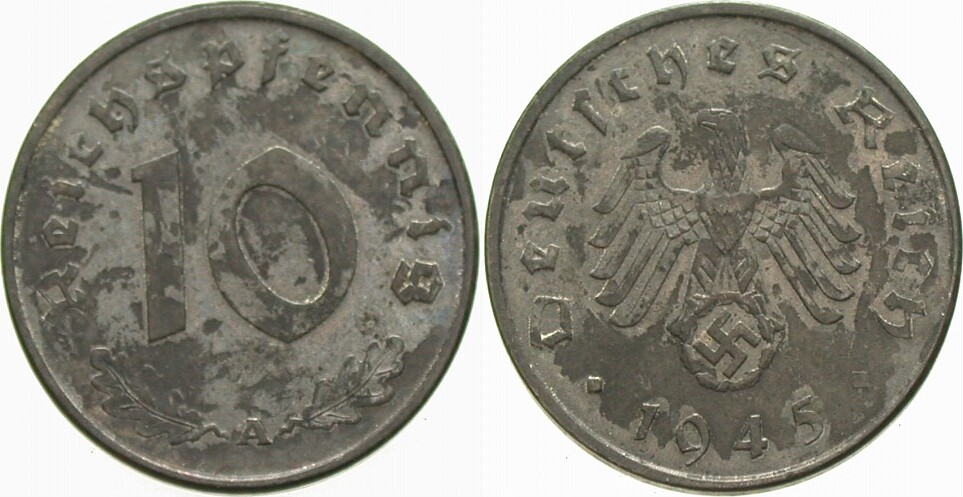 10 Reichspfennig 1945 J. 371 Patina, sehr schön - vorzüglich