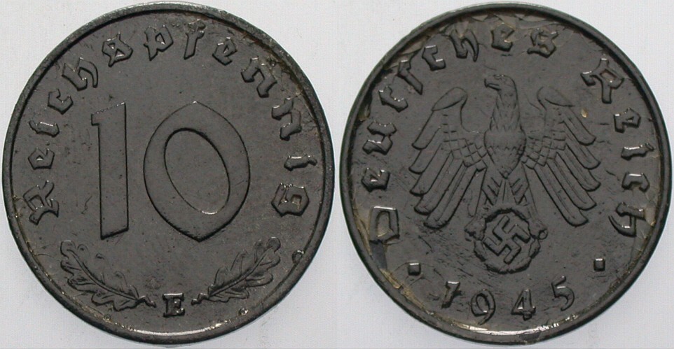 10 Reichspfennig 1945 J. 371 Zaponiert, sehr schön
