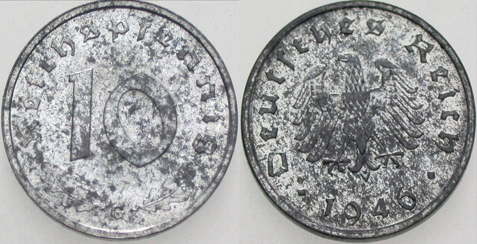 10 Reichspfennig ohne HK 1946 J. 375 Fleckige Patina, vorzüglich +