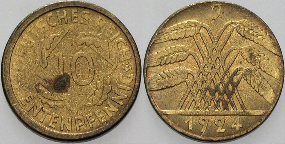 10 Rentenpfennig 1924 J. 309 leicht fleckig, vorzüglich - Stempelglanz