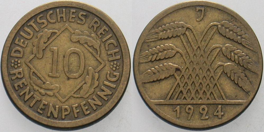 10 Rentenpfennig 1924 J. 309 Sehr schön