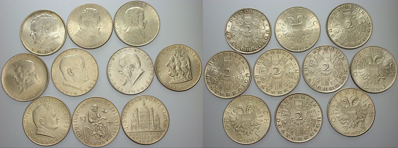 10 x 2 Schilling(Doppelschilling) 1928-1937 Jl. 430-435 + 441-444 Patina, meist vorzüglich - Stempelglanz