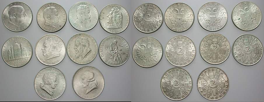 10 x 2 Schilling(Doppelschilling) 1928-1937 Jl. 430-435 + 441-444 Patina, meist vorzüglich