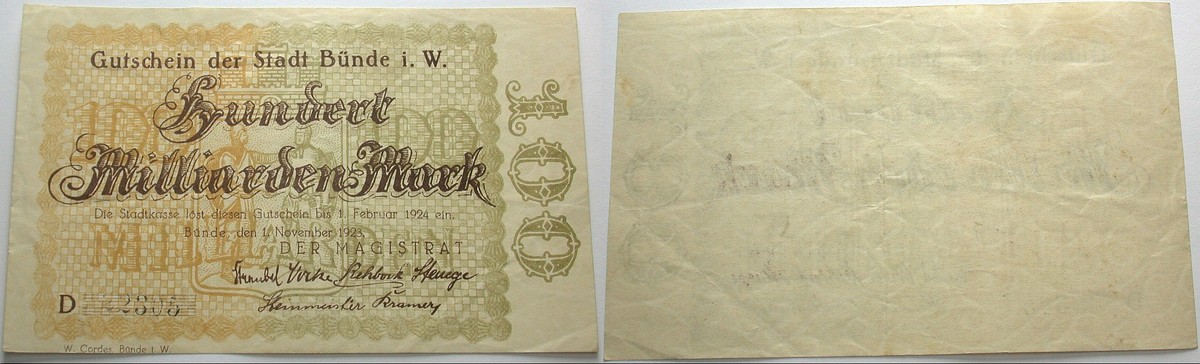 100 Milliarden Mark 1.November 1923 Topp 169.31 Leicht gebraucht