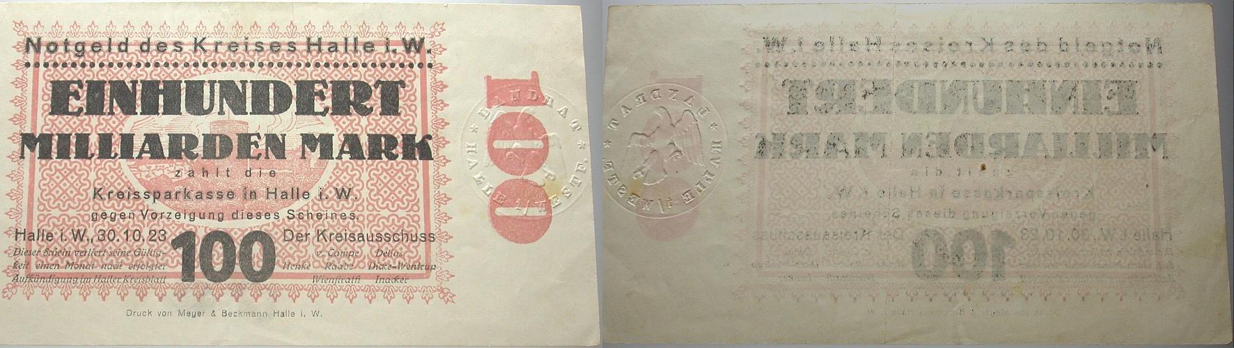 100 Milliarden Mark 30.10.1923 Topp 375.5 Kl. Flecken, zwei stecknadellöcher, leicht gebraucht