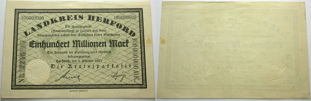 100 Millionen Mark 03.Oktober 1923 Topp 443.06 Leicht gebraucht