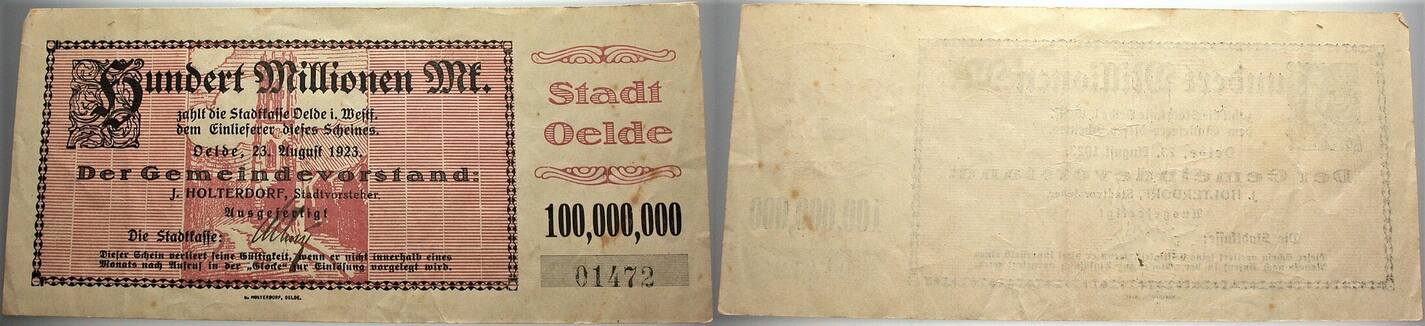 100 Millionen Mark 23.8.1923 Topp 700.11 Gebraucht