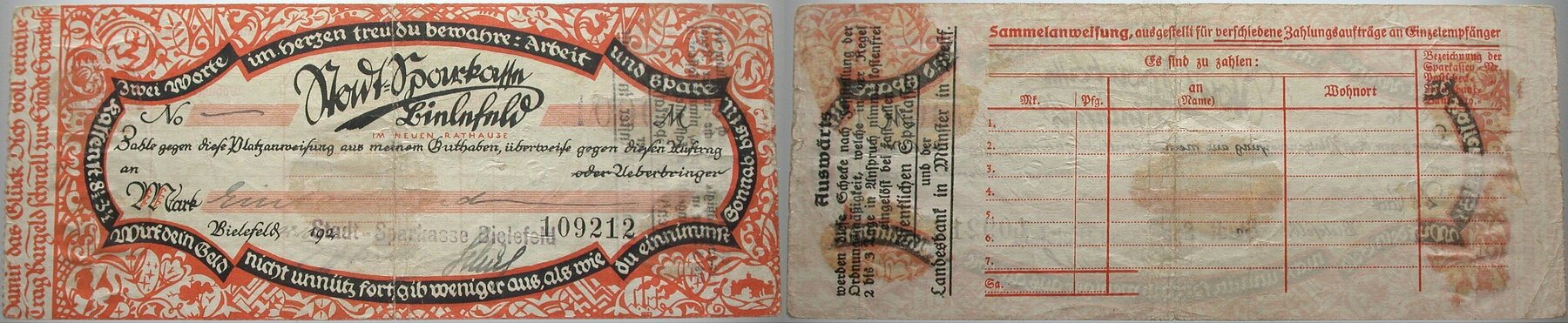 1000 Mark 12.10.1922 Müller 382.1. Gebraucht mit Klebespuren auf der Rückseite