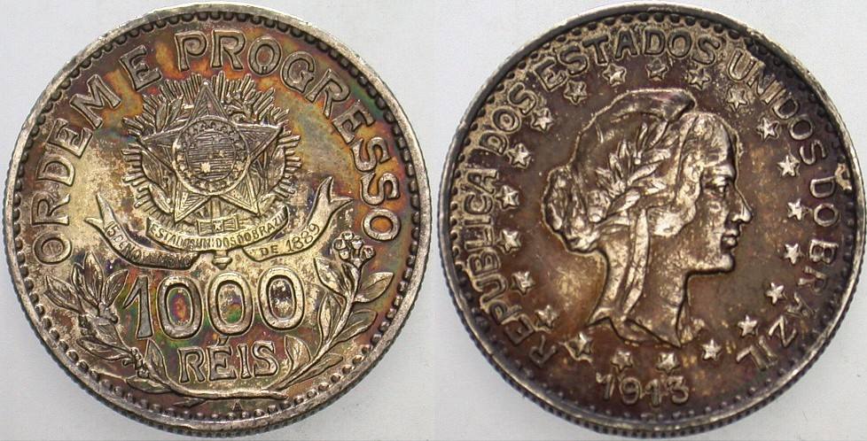 1000 Reis 1913 KM. 513 Patina, sehr schön - vorzüglich