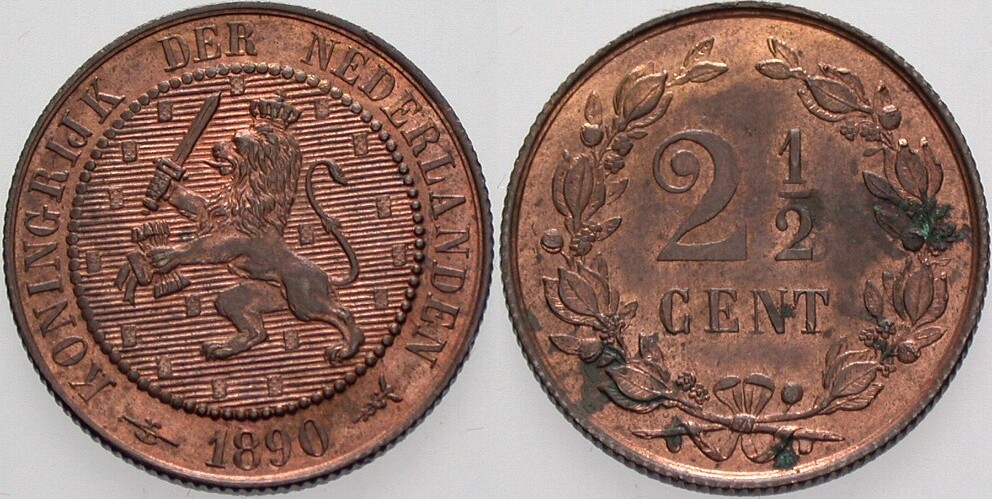 2 1/2 Cent 1890 KM. 108 Prägefrisch, etwas fleckig