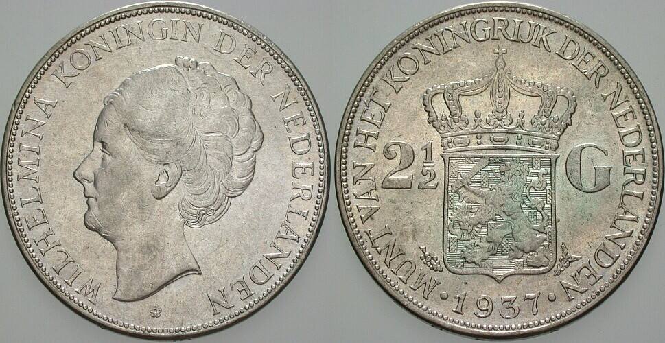 2 1/2 Gulden 1937 KM 165 Patina, vorzüglich +