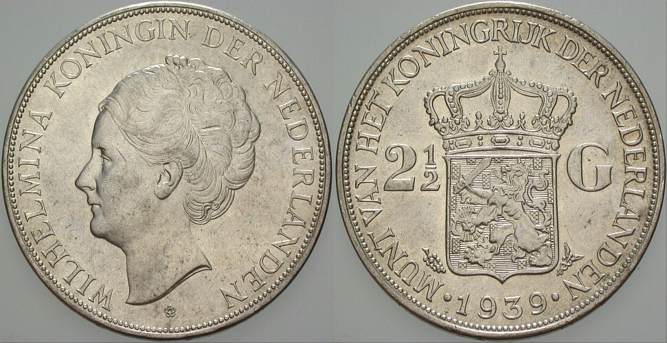 2 1/2 Gulden 1939 KM 165 Vorzüglich - Stempelglanz