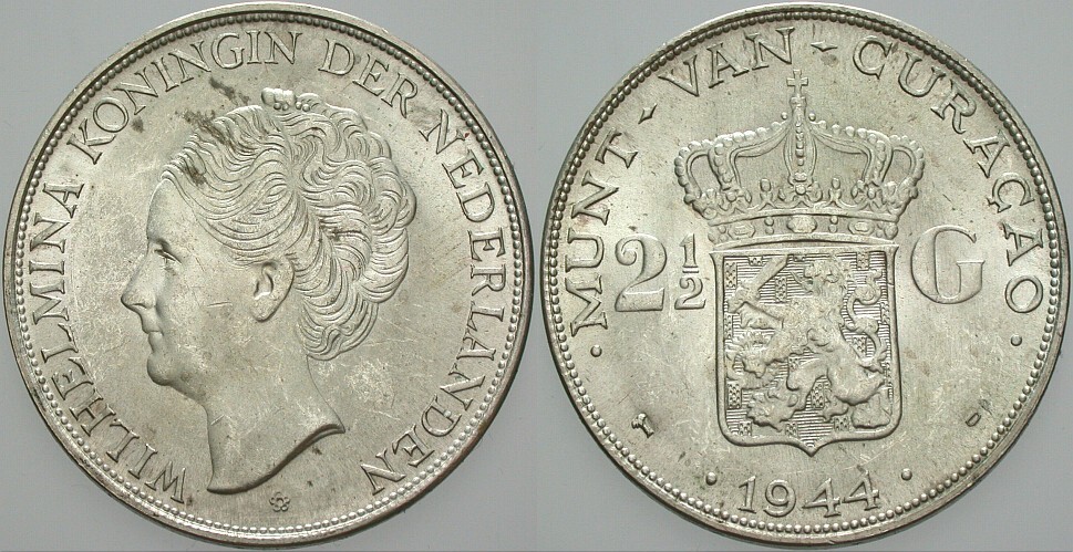 2 1/2 Gulden 1944 KM 46 Patina, vorzüglich - Stempelglanz
