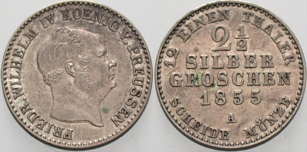 2 1/2 Silbergroschen 1855 Jaeger 78 AKS 84 Patina, vorzüglich
