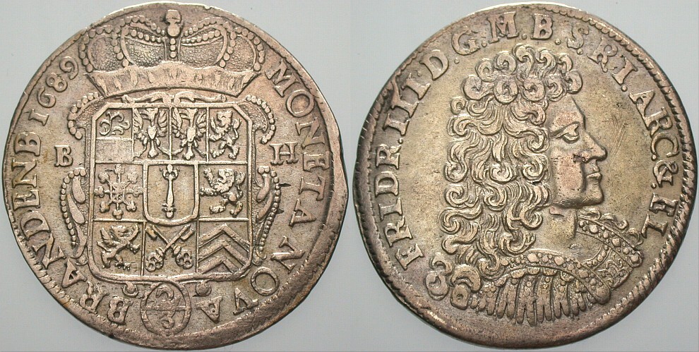 2/3 Taler 1689 Schrötter 220 Davenport 277 Kl. Schrötlingsfehler, sehr schön +