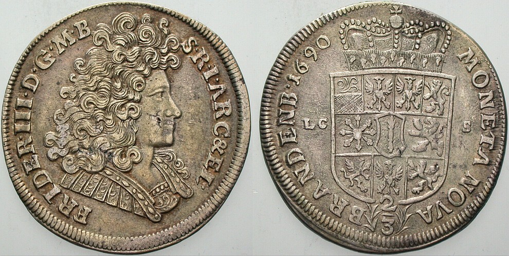 2/3 Taler 1690 Schrötter 74 Davenport 270 Zz. Schrötlingsfehler, sehr schön