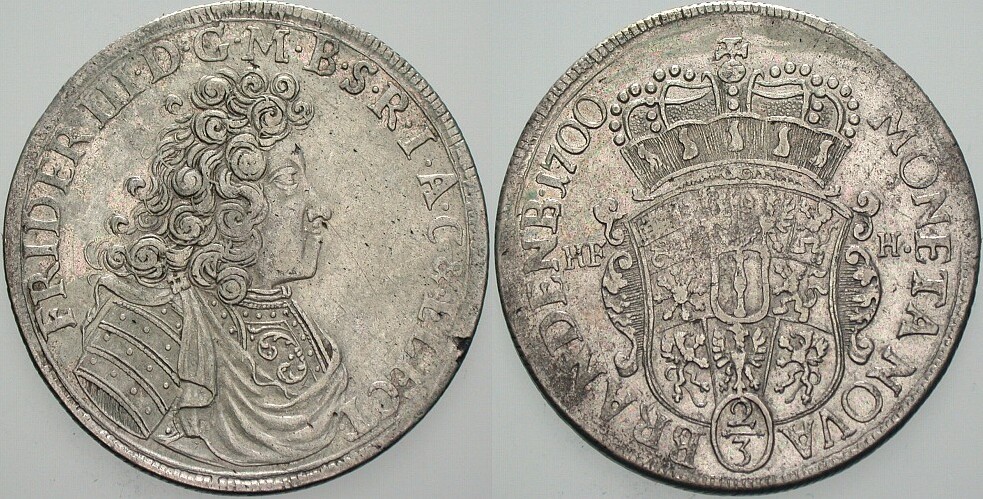2/3 Taler 1700 Schrötter 205 Davenport 276 Kl. Schrötlingsfehler am Rand, Patina, sehr schön