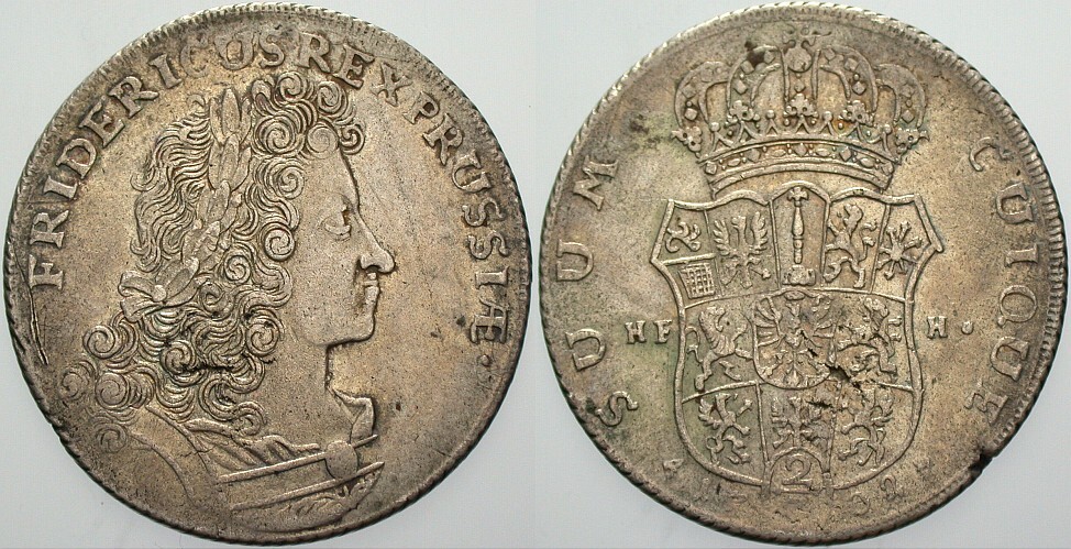 2/3 Taler 1702 Schrötter 117 Kl. Schrötlingsfehler, sehr schön +