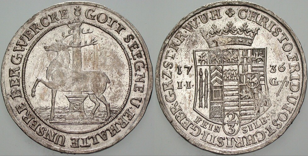 2/3 Taler 1736 Friederich 1756 Dav. 997 Patina, vorzüglich - Stempelglanz