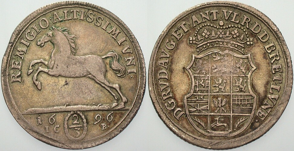 2/3 Taler (24 Mariengroschen) 1696 Welter 2077 Davenport 333 Patina, Rdf., sehr schön