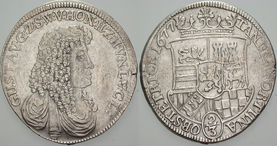 2/3 Taler (Gulden) 1677 Dav. 917 Kl. Schrötlingsfehler am Rand, Sehr schön - vorzüglich
