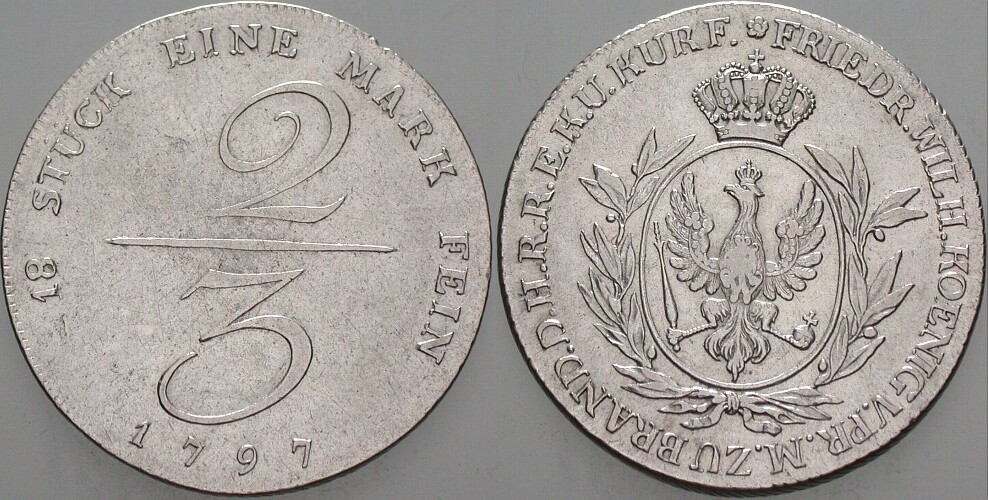 2/3 Taler - Handelsmünze 1797 Jaeger 184 Olding 57 Wz. SF, vorzüglich/fast vorzüglich