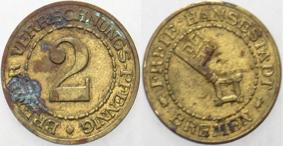 2 Bremer Verrechnungspfennig ohne Jahr Freie Hansestadt Bremen J. N.40 Leicht korrodiert, sehr schön