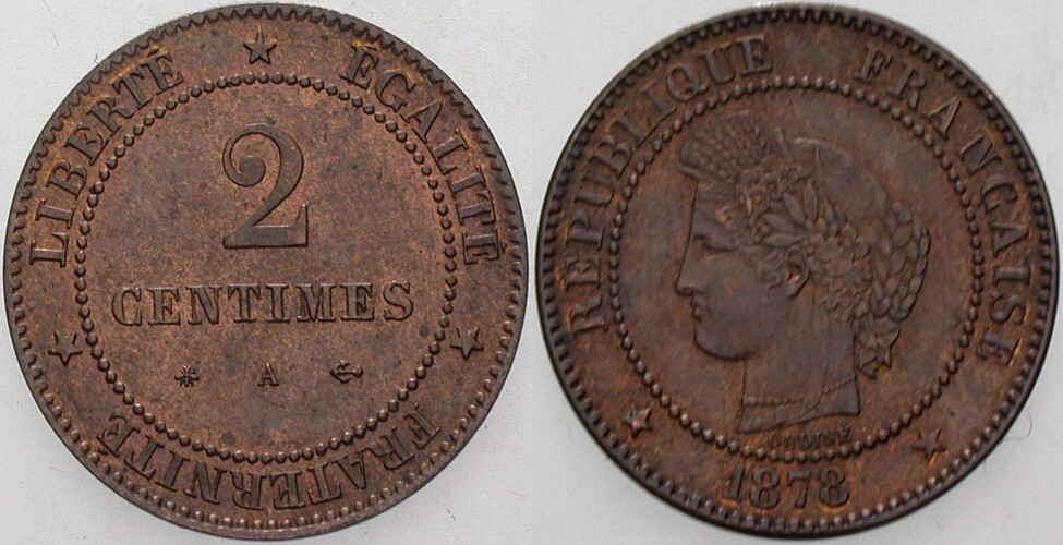 2 Centimes 1878 K.M. 827.1 Patina, vorzüglich +