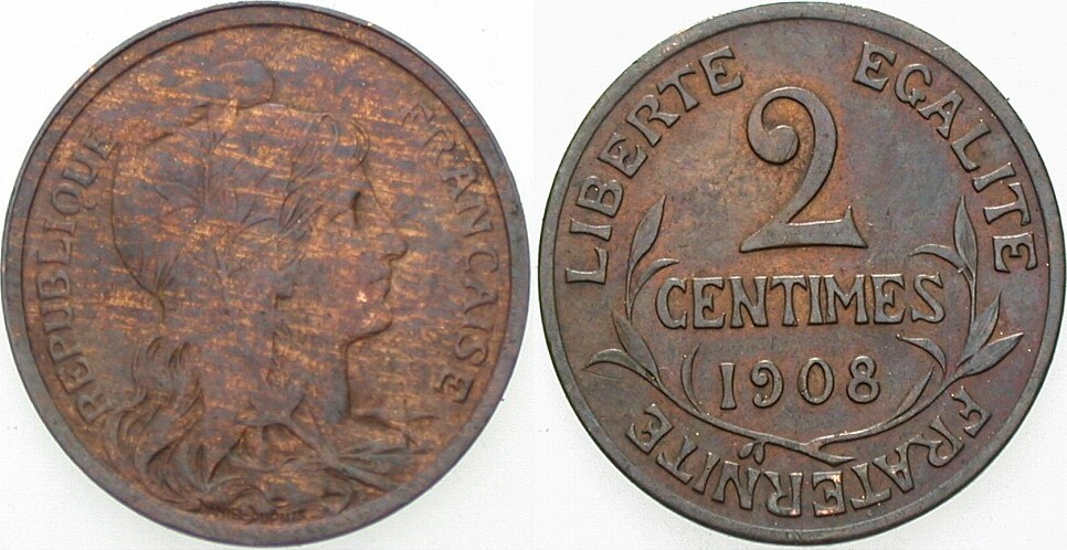 2 Centimes 1908 K.M. 841 Sehr schön