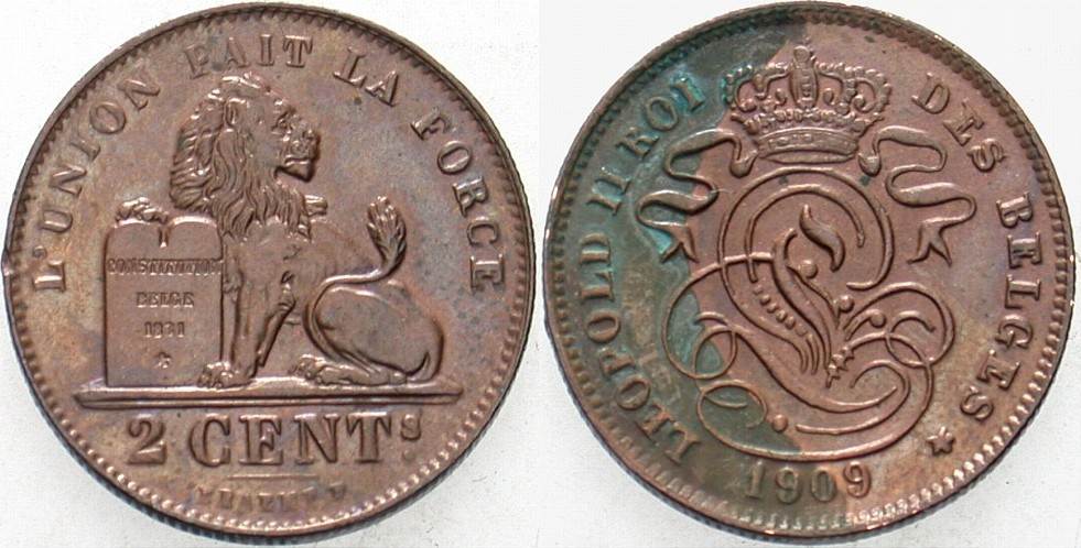 2 Centimes 1909 KM. 36 Patina, Belag, vorzüglich +