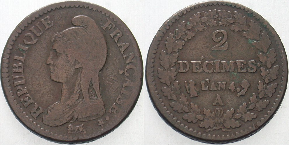 2 Decimes AN 4 (1796) Gadoury 300 Fast sehr schön