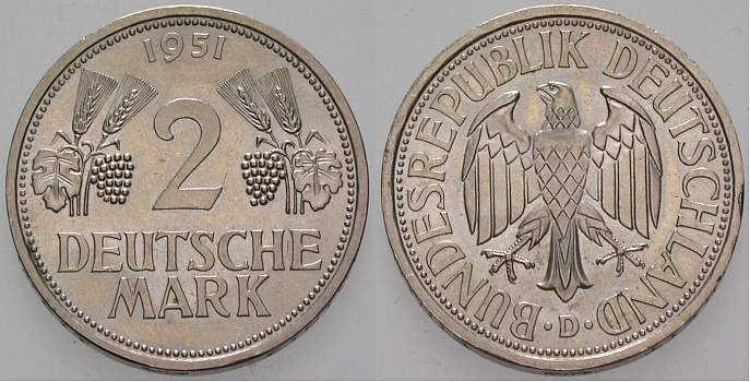 2 Deutsche Mark 1951 J. 386 Fast Stempelglanz