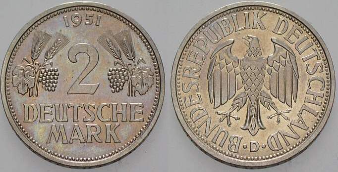 2 Deutsche Mark 1951 J. 386 Gutes vorzüglich