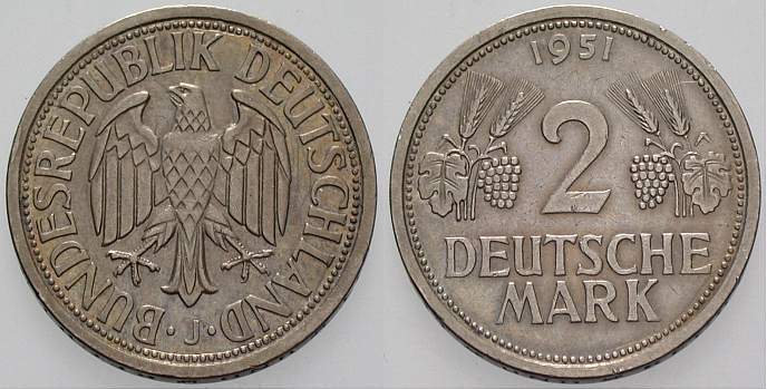2 Deutsche Mark 1951 J. 386 sehr schön