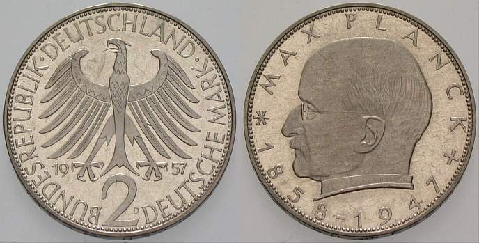 2 Deutsche Mark 1957 J. 392 K. 17 zaponiert, Polierte Platte