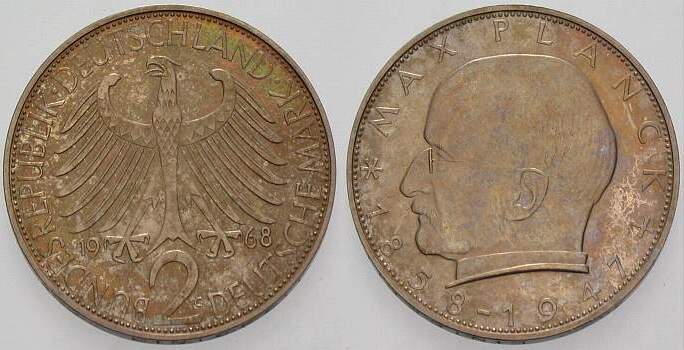 2 Deutsche Mark 1968 J. 392 Patina, Polierte Platte