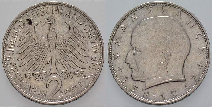 2 Deutsche Mark 1968 J. 392 sehr schön
