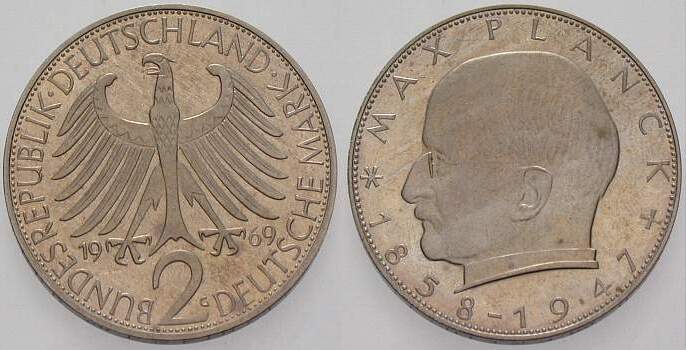 2 Deutsche Mark 1969 J. 392 Patina, Polierte Platte