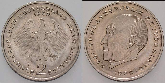 2 Deutsche Mark 1969 J. 406 sehr schön