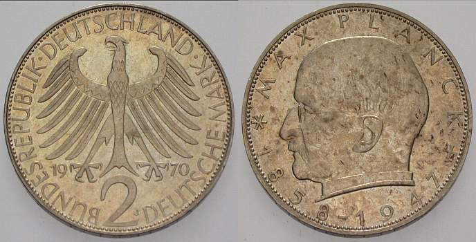 2 Deutsche Mark 1970 J. 392 Patina, Polierte Platte